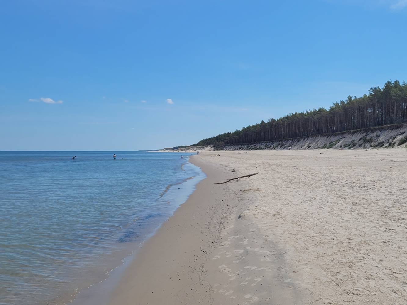 Wide sandy Baltic beach east of Łeba with the sea on the left and forest along the shore.